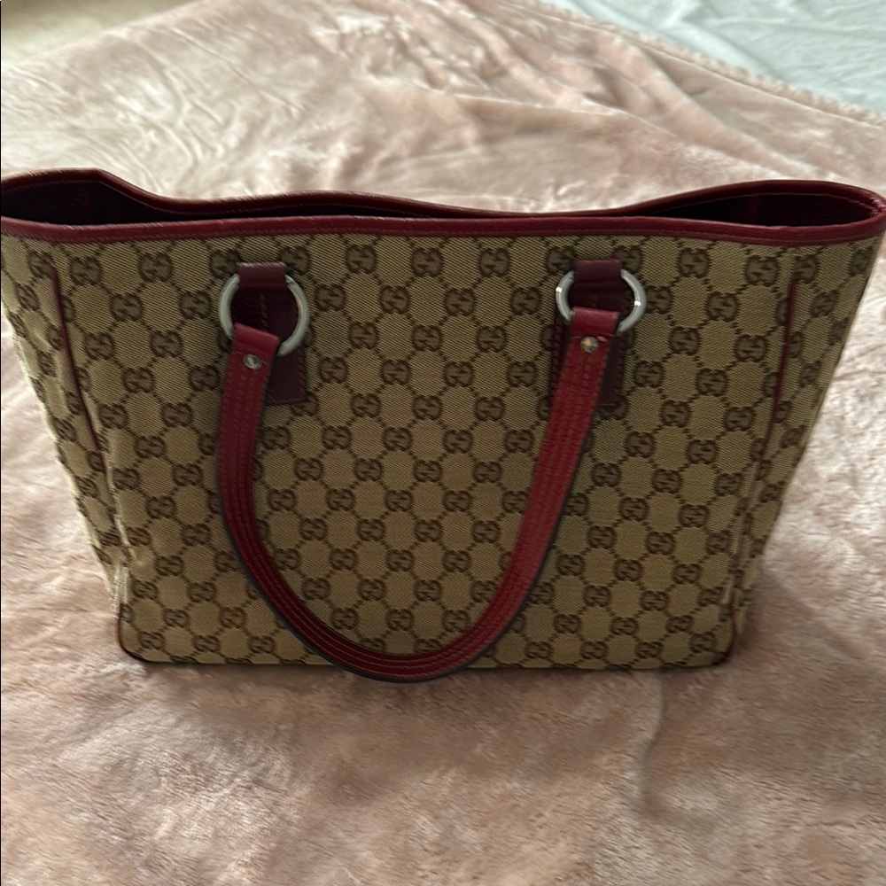 Gucci Brown and Red Tote Bag with Iconic Monogram